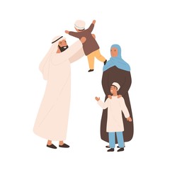 Happy traditional arabic family vector flat illustration. Joyful muslim parents playing with little kid isolated on white. Saudi young people in hijab outfit spending time together feeling love