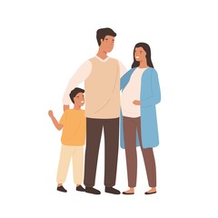 Fototapeta premium Positive young family mother, father and son vector flat illustration. Smiling pregnant woman hugging husband and little boy isolated on white. Happy cartoon people standing together