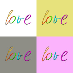 multicolored Love text on four different squares. Love lettering on pink, white, yellow, grey background. Love poster. Love concept. Pride poster. Rainbow love text