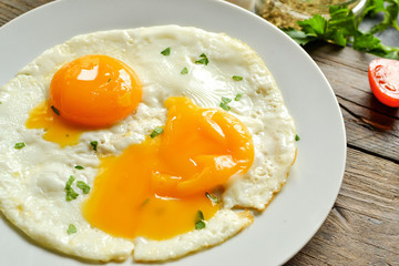 Fried eggs in a plate. Yolk close-up. Tasty breakfast. Appetizing egg breakfast
