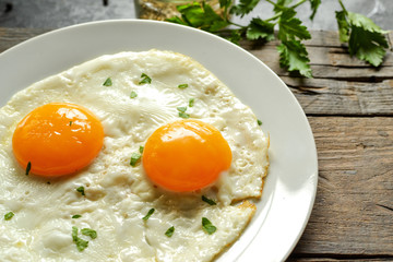 Fried eggs in a plate. Fried eggs close-up. Tasty and healthy breakfast. Yolk close-up.