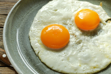 Fried eggs in a plate. Fried eggs close-up. Tasty and healthy breakfast. Yolk close-up.