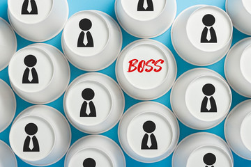 Inverted paper cups on a blue background. Banner. Flat lay, top view