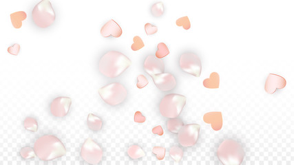 Vector Realistic Petals and Hearts Confetti. Flying Sakura and Hearts on Transparent Background. Wedding Invitation Background. Spring Romance Poster. Vector Illustration for Anniversary Design.
