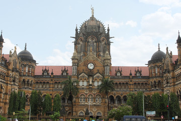 Fototapeta na wymiar 8 Sept 2019, Mumbai, Maharashtra, India. Chhatrapati Shivaji Maharaj Terminus or Victoria Terminus train station and UNESCO World Heritage Site