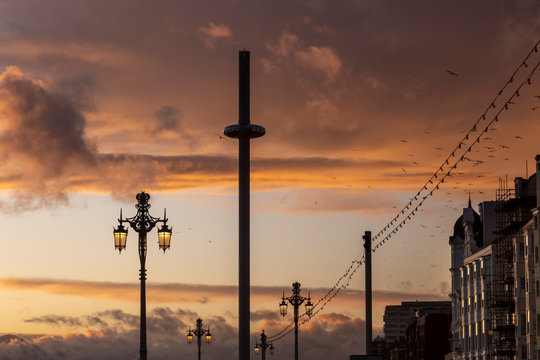 i360 in Brighton at sunset with seagulls