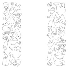 Vector pattern with icons of milk, butter,cottage cheese, sour cream, cheese, yogurt, ice cream, cream. Collection of dairy products.