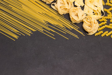 Assorted types of dry Italian pasta. Healthy Carbohydrates from Durum Wheat.