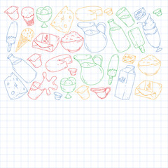 Milk, butter, cottage cheese, sour cream, cheese, yogurt, ice cream, cream. Vector pattern. Collection of dairy products.