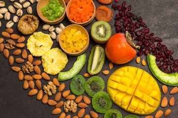 Energy Snack Candied fruit, Dry fruit  Nut. Vegetable vegan food. Healthy nutrition concept