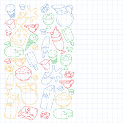 Milk, butter, cottage cheese, sour cream, cheese, yogurt, ice cream, cream. Vector pattern. Collection of dairy products.