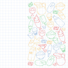 Milk, butter, cottage cheese, sour cream, cheese, yogurt, ice cream, cream. Vector pattern. Collection of dairy products.