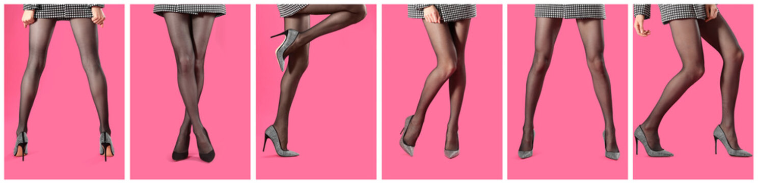 Collage of women wearing tights on pink background, closeup of legs. Banner design
