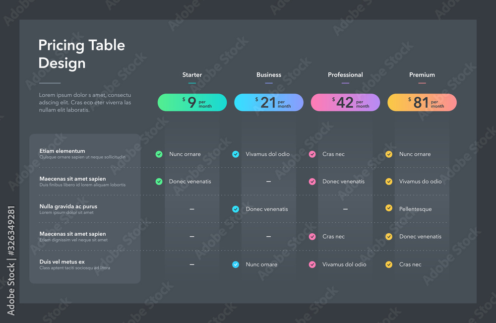 Leinwandbilder modern pricing table design with four colorful subscription plans - dark version. flat infographic d