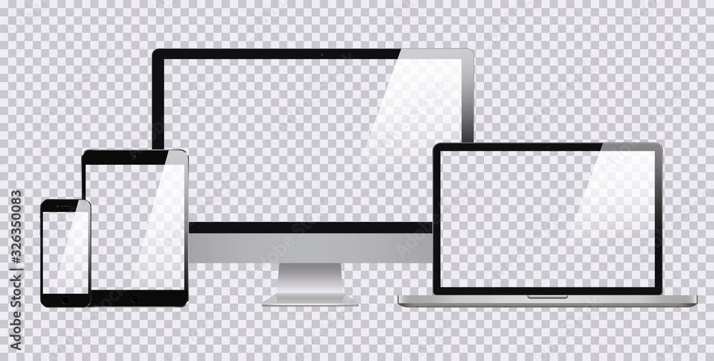 Poster mockup of realistic computer, monitor, laptop, tablet and smartphone with transparent wallpaper scre