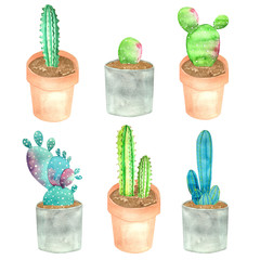 Ensemble aquarelle de différents types de cactus dans des pots isolés sur fond blanc. Cactus lumineux inhabituels, fleurs pour la maison, aménagement paysager pour la maison. Éléments pour scrapbooking, décor d& 39 une chambre d& 39 enfant.