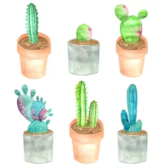 Poster Cactus en pot Ensemble aquarelle de différents types de cactus dans des pots isolés sur fond blanc. Cactus lumineux inhabituels, fleurs pour la maison, aménagement paysager pour la maison. Éléments pour scrapbooking, décor d& 39 une chambre d& 39 enfant.