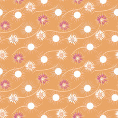 Suns and flowers seamless vector pattern. Late summer themed surface print design. Great for fabrics, stationery and packaging.