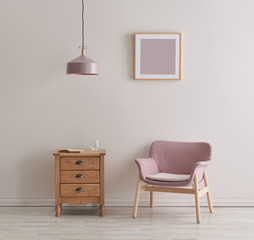 Fototapeta na wymiar Pink wall, chair and frame decoration with red coffee table style.