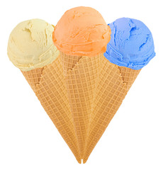 Set of ice cream in waffle cone isolated on white background