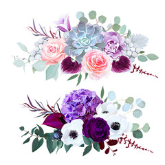 Purple hydrangea, carnation, bell flower, pink rose, anthurium, dark orchid - obrazy, fototapety, plakaty