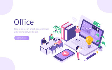 Business People Characters in Coworking Place. Businessman and Businesswoman Working, Discussing and Meeting in Open Space Office. Coworkers and Freelancers Team. Flat Isometric Vector Illustration.
