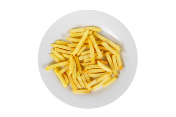 Hot appetizer French fries crispy, golden, deep-fried, fried in oil before alcohol, food on plate, white isolated background view from above. For the menu, restaurant, cafe
