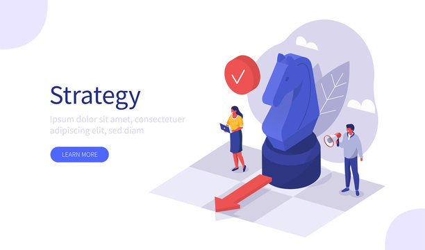 People Characters Planning Strategy for Business. Businessman and Businesswoman Moving Horse Chess Figure at Chessboard. Teamwork  and Business Success Concept. Flat Isometric Vector Illustration.