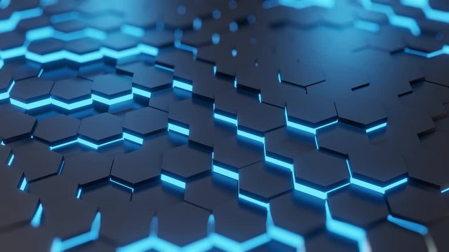 Abstract black of futuristic black surface honeycom hexagon pattern with blue light. Moving futuristic  backgound. 4K 3D loop animation