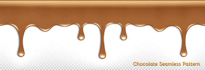 seamless horizontal pattern of dripping melted milk chocolate on a transparent isolated vector background