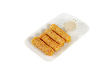 Hot appetizer Cheese sticks in crispy golden breaded, fried in oil, mayonnaise sauce, tar-tar, before alcohol food on plate, white isolated background Side view. For the menu, restaurant, bar, cafe