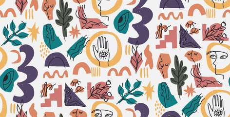 Hand drawn modern illustration with fashionable portrait, woman body, hand and eye, various shapes and doodle objects. Abstract modern trendy vector seamless pattern. Retro, pin-up repeating texture. 