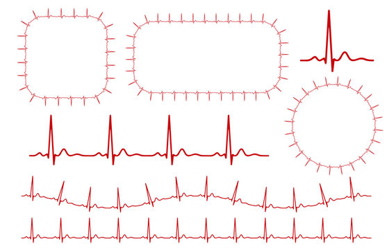 Ecg Line Vector. Heart Beat Monitor Pulse Line Art Icon For Medical Apps And Websites. Breathing And Alive Sign Red Love Heart. Red Medic Blood Pressure, Cardiogram, Health EKG, ECG Logo. Frame Border