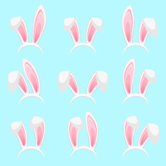 Easter bunny ears stickers collection. Set of masks Rabbit ear isolated on blue background. Vector illustration