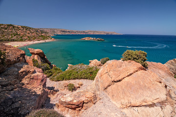 Fototapeta na wymiar Panoramic view of the golden beach of Vai, with the famous palm tree, on the island of Crete in Greece.