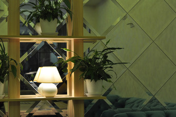 Lamp and plant. Stylish modern interior of mirrored wall and white lamp on wooden shelf with green...