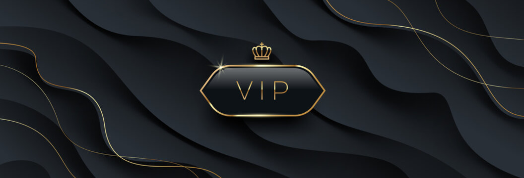 Vip black glass label with golden crown and frame on a black abstract layered  background. Premium design. Luxury template design. Vector illustration. Can be used for invitation, greeting, ticket.