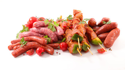 assorted of raw meats- sausage, skewer, chorizo, beef, chicken