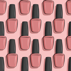 Seamless pattern nail polish bottle in gray and pink colors. Texture for banner, flyer, poster or print, websites, web design, mobile app on pink background.