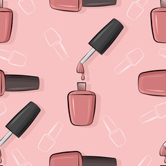 Seamless pattern nail polish bottle in gray and pink colors. Texture for banner, flyer, poster or print, websites, web design, mobile app on pink background.