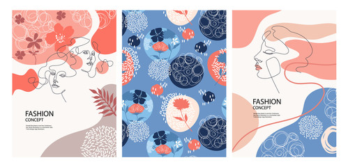 Set of fashion banners. Female face drawn in one line. Silhouettes of flowers.