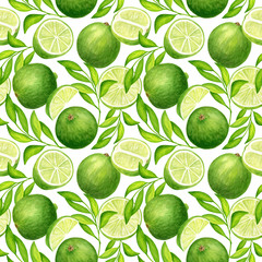 Watercolor lime with leaves seamless pattern. Hand painted fresh green citrus fruit illustration isolated on white background for textile, package, wrapping, cards, decoration.