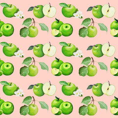  pattern. Apples Hand drawing. Gentle green apples drawn in gouache in the style of realism.