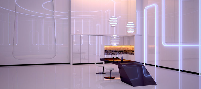 Futuristic Interior Design. Luxury Kitchen With Dining Area. 3D Illustration