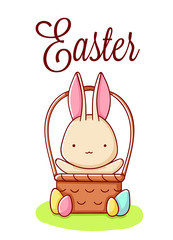 Cute bunny cartoon kawaii happy easter flat hand drawn isolated on white background