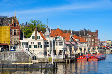 Buildings and boats along the canal in Amsterdam, Netherlands