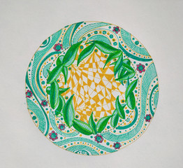 Planet Earth in Eden circle, round shape, geometry, green leaves and glold, yellow geometry space and time, hand drawn, paper