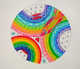 Rainbow planet Earth, Earth with three rainbows and heart in the centre, hand drawn, paper