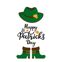 Happy St.Patrick 's Day banner. Traditional irish green hat with golden shamrock and boots.