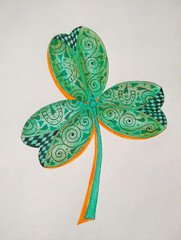 St Patrick day, green hand drawn clover, shamrock illustration, orange, black, sketch, symbol, sign